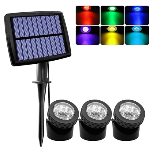JUSTUP Outdoor Solar Pond Lights, Waterproof 6 LEDs Solar Underwater Pond Light Lighting Angle Adjustable Garden Spotlights, Auto ON/Off for Outdoor Garden Fish Tank Pool (3 Lamp RGB)