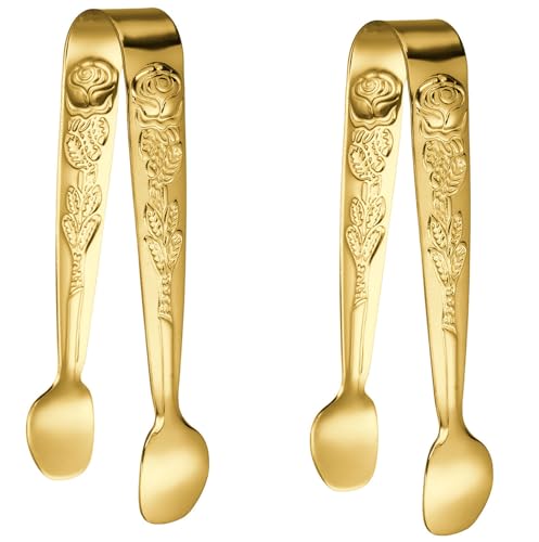 2 Pcs Ice Tongs, 4.1 Inch Gold Figure Stainless Steel Sugar Cube Tongs for Bar, Desserts, Tea, Coffee Party and Appetizers (2, gold)