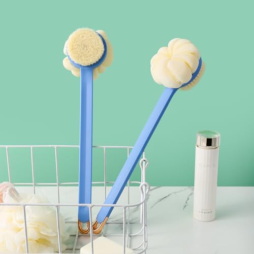 Shower-Body-BrushSoft-Bristles-and-Beautiful-Pumpkin-Loofah-14-Long-Handle-Back-Scrubber-Bath-Mesh-Sponge-for-Skin-Exfoliating-BathMassage-Bristles-Suitable-for-Wet-or-DryMen-and-Women-Blue