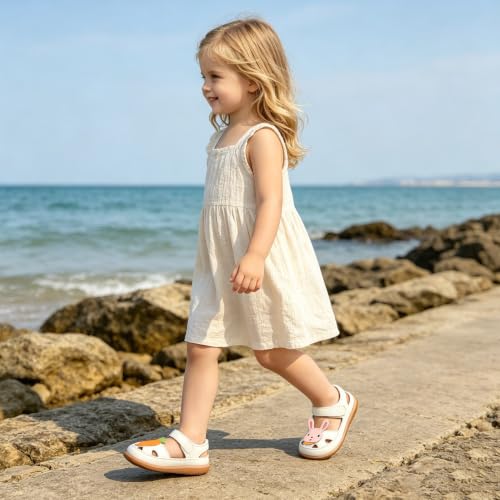 Image of Toddler Girl Sandals with Flower, Breathable Leather kids Closed Toe Sandals, Soft Rubber Non-Slip Summer Shoes for Little Girls 2-7 Years