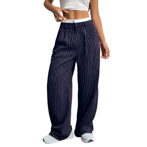 Womens Casual Pants Stripe Patchwork High Waist Wide Leg Trousers Business Work Office Suit Palazzo Pants with Pocket