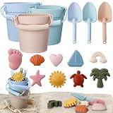 Hungdao 16 Pcs Silicone Beach Toys Travel Friendly Beach Set Colorful Toys Include 3 Silicone Bucket Pail, 3 Shovel, 9 Sand Molds, 1 Bag for Summer Pool Outdoor(Beige, Blue, Teal)