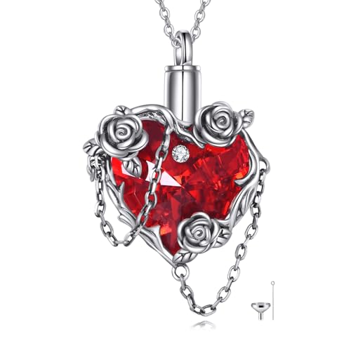 Collier urne funéraire gothique argent femme avec pendentif cœur cristal grenat