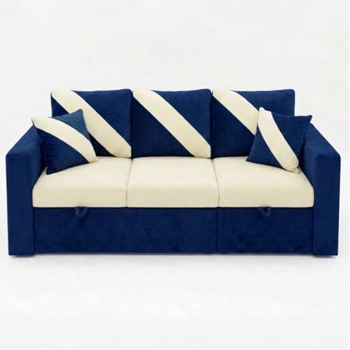 Image of FURNY Trivia 4 Seater RHS Lounger Sofa Cum Bed (Dark Blue - Cream) with Pull-Out Function | Luxury Velvet Suede Finish | Durable Comfort | Ideal for Living Room