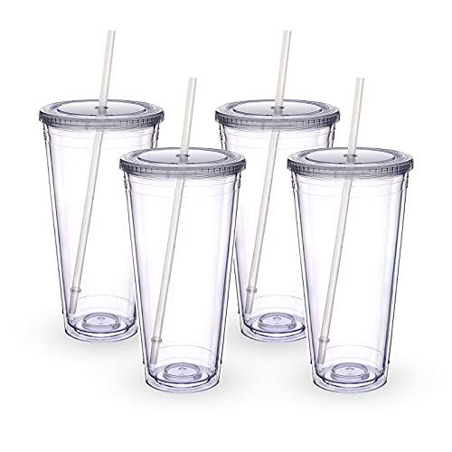 Luxfuel 32 oz Acrylic Tumblers with Lid & Straws, Double-Walled Insulated Clear Plastic Drink Cup, BPA-Free, Reusable Iced Coffee Cups for Parties, Birthdays, Graduation, Fits Car Cup Holder
