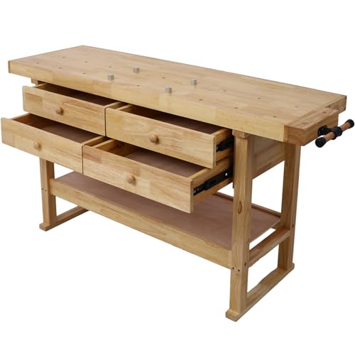 60-Inch Wood Workbench with 4 Drawer - 330lbs Weight Capacity Heavy Duty Portable Wood Work Bench Table for Garage, Workshop, Home Storage - Woodworking Wooden Workbenches