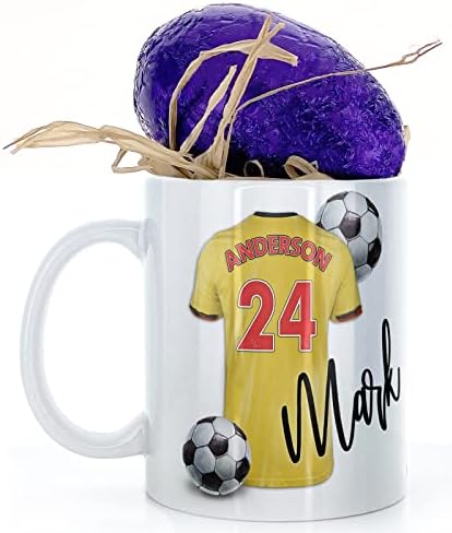 Hairyworm Personalised Mug and Milk Chocolate Easter Egg Gift Set, Customised with Name/Number/Text, (11oz) White Mug with Red Football Shirt, Football Mug
