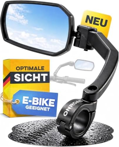 Fahrradspiegel für E-Bikes links VISION MAX mit Extra Großem Weitwinkel für maximale Sicherheit - Rückspiegel Fahrrad 360° verstellbar für Ebike & MTB, Bruchfester & klappbarer Fahrrad Spiegel Lenker