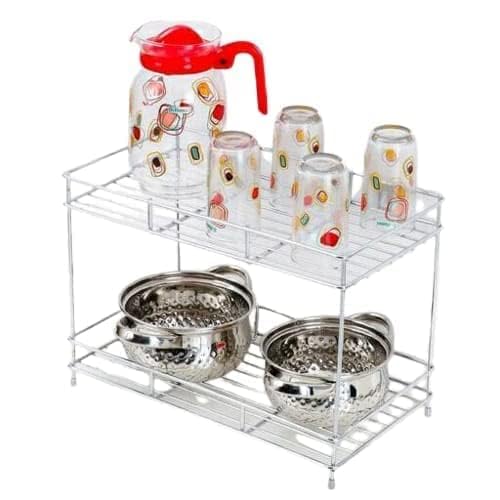 CR18 COLLECTION Heavy Stainless Steel Countertop Kitchen Rack, Kitchen Organizer, Space Saver, Counter Top Kitchen Stand 2-Tier Trolley Basket For Boxes Utensils Dishes Plates For Home, Tiered Shelf 3