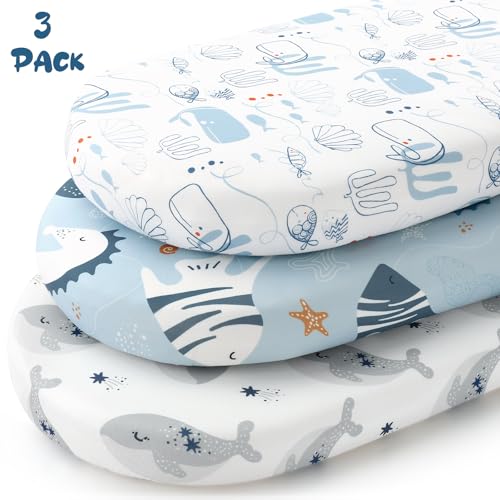 Yoofoss Bassinet Sheets for Baby,3-Pack Fitted Bassinet Sheets Set Compatible with Halo Bassinest Swivel Sleeper,Baby Delight,Angelbliss,Soft Breathable Bassinet Mattress Sheets (Blue+Seahorse)