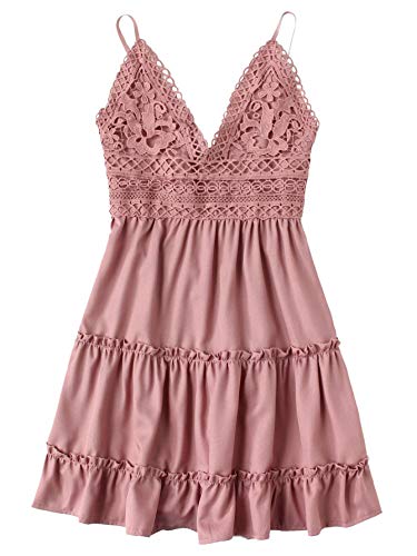SheIn Women's V Neck Spaghetti Strap Lace Back Tie Embroidery Tiered Seam Dress Small Pink