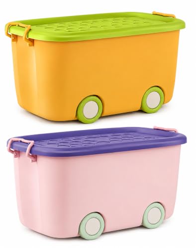 Image of STAR WORK Multipurpose Durable Storage Box Colorful Car-shaped Children's Toy Storage Container with Wheels and Handle (Pack Of 2, 45 Liter) color may very