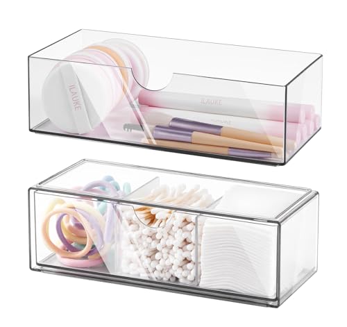 Schubladen Organizer für Bad & Schminktisch | 2er-Set aus bruchsicherem Acryl | Stapelbar & Transparent mit Anti-Rutsch-Sockel | Für Badschrank und Büro