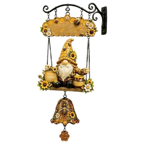 Swing Wind Rustic Gnome Hanging Bell, Handmade Bee Sunflower Design Welcome Doorbell with Metal Bracket, Decorative Dinner Bell, Farmhouse Style Ornament for Front Porch, Fence (Yellow B)