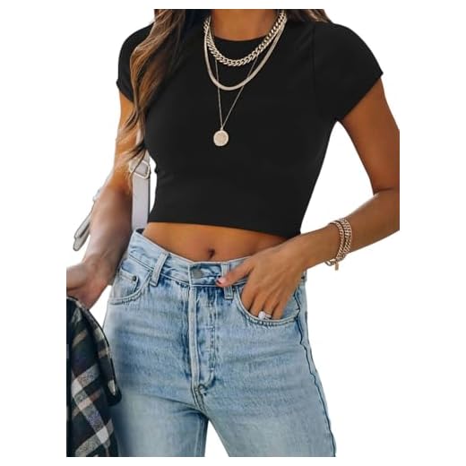 REORIA Women's Summer Cute Short Sleeve High Neck Double Lined Tight Casual Basic T Shirts Yoga Crop Tops Tees Black Medium