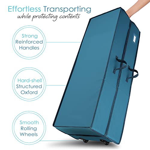 Hearth & Harbor Wrapping Paper Storage Container with Ribbon Dispenser and Interior Pockets - Large Christmas Storage Containers with Wheels, Fits 30 Rolls of 40" Length, Blue