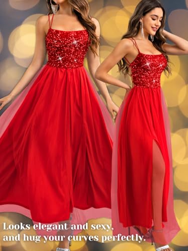 Image of ShawGobow Tulle Prom Dress with Slit,Sequin Backless Long Flowy Dresses for Women,Sexy Sparkly Outfits Homecoming Wedding