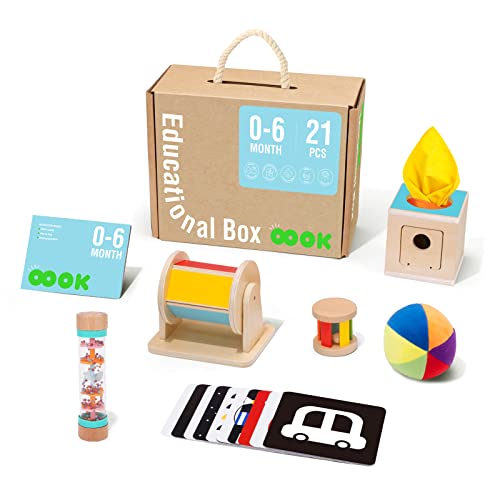 Image of TOOKYLAND Montessori Toys for Babies 0-6 Months, 6 in 1 Learning Educational Set Newborn Toys (Includes Rainbow Ball, Rain Stick, Baby Roller, Spinning Drum, Cards, Tissue Box)…