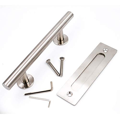 Goldenwarm 12 in Sliding Barn Door Handle and Flush Pull Set-7 Inch Hole Centers Brushed Nickel Heavy Duty Hardware Stainless Steel 1 Pack