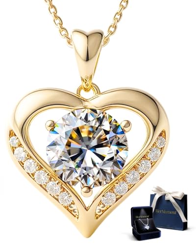 Moissanite Necklace for Women - 14k Gold Necklaces for Woman - 2 Carat Heart Moissanite Pendant Anniversary Jewelry for Girlfriend - Mothers Day Gift - Jewellery for Wife from Husband - Birthday Gift for Her
