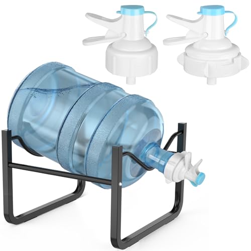 3-5 Gallon Water Jug Stand and 2 Dispenser Valves, Rust-Resistant Non Slip Water Stand with BPA Free Fast Flow Water Spout Fits Both 52mm and 55mm Bottles, 2 CAPS Included