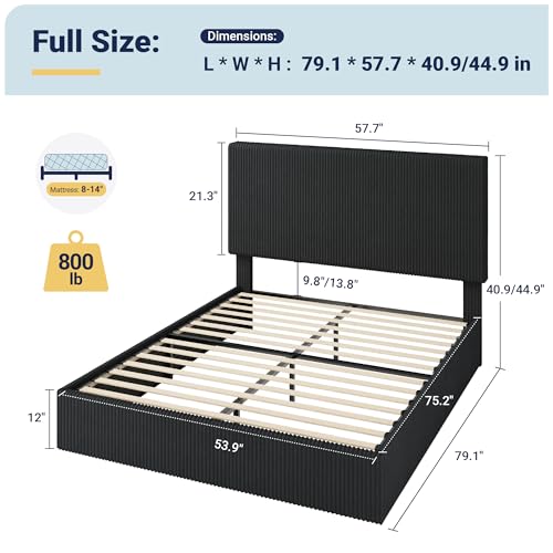 Image of Allewie Full Bed Frame, Adjustable Corduroy Headboard, Platform, Black | Adjustable Headboard, Corduroy Fabric, Low Profile, Wooden Slats, 800 lb Capacity, No Box Spring Needed