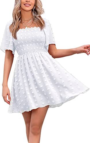 EXLURA Women's 2025 Summer Casual Square Neck Dresses Ruffle Short Sleeve Swiss Dot Flowy Mini Dress