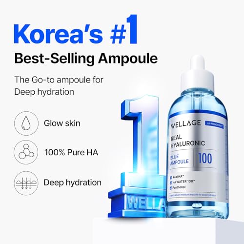 WELLAGE Real Hyaluronic Blue Ampoule 100, Korean Skincare, Fragrance Free Hyaluronic Acid Serum with Panthenol, Wild yam, Centella for Sensitive Dry Skin Moisturizer 1.01 fl.oz β image 2