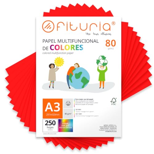 OFITURIA Fogli colorati, Confezione da 250 Fogli A3 80 g – Carta colorata per hobby creativi, stampante, scrapbooking – Fogli colorati (Rosso, 250 fogli)