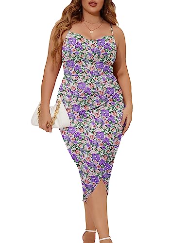 Image of ZOMVA Plus Size Satin Dress 1X-4X Ruched Cowl Neck Spaghetti Strap Elegant Midi Dress Wedding Guest Cocktail Party