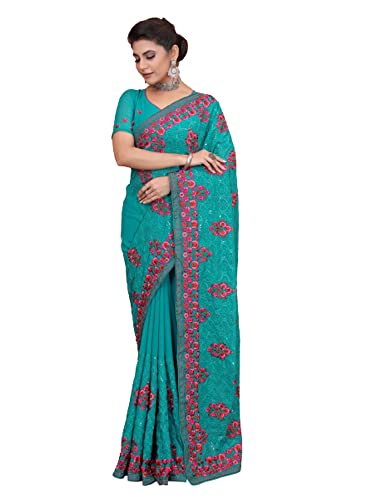 Sari georgette indienne 8122 bleu à porter pour un mariage traditionnel