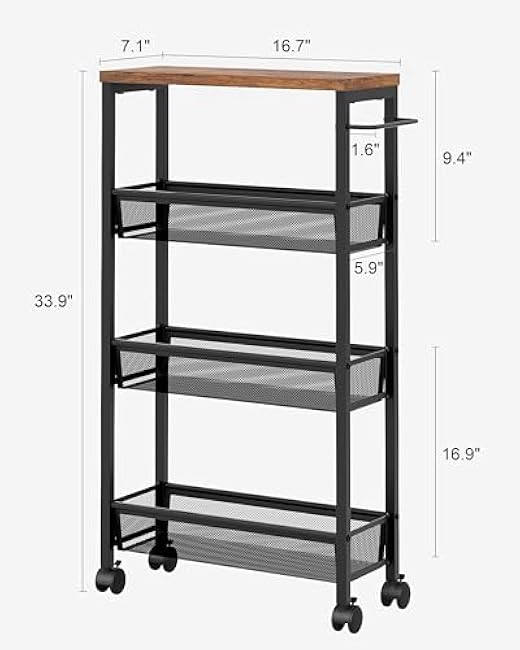 VECELO 4 Tier Slim Rolling Cart Organizer, Rolling Carts On Wheels with Storage, Sturdy Metal Frame Narrow Cart with Handle, Space Saving for Kitchen, Bathroom, Laundry, Rustic Brown-ehI8PDar
