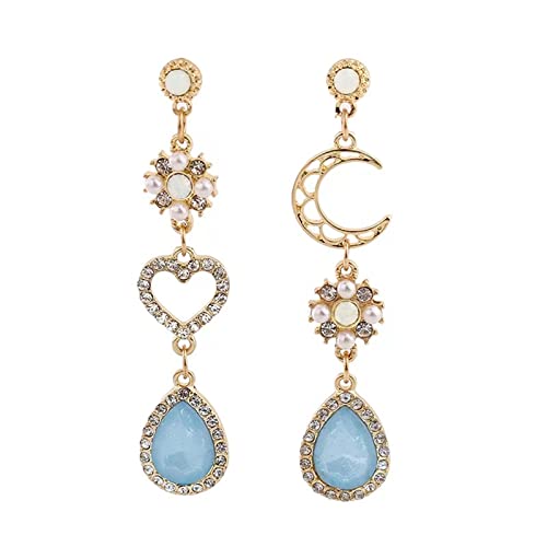 Pendientes de clip para niñas y mujeres, pendientes sin perforación, pendientes asimétricos, corazón de luna, perlas azules Cover