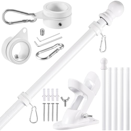 BONWIN White Flag Pole Kit for Outside House, 6FT Thickened Stainless Steel Wall Mount Flag Pole for 3x5'/ 4x6' Flag, 1" Anti-Wrap Spinning Flag Ring Clips & 2-Position Bracket Holder for Porch Yard