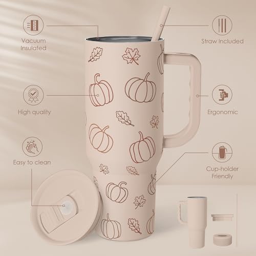 Image of SANDJEST Pumpkin Tumbler with Handle and Straw 40oz - Stainless Sleel Slider Tumbler Travel Coffee Mug for Women - Gift Idea for Fall Autumn Halloween