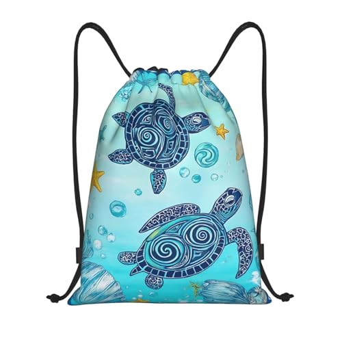 Blue Sea Turtle Drawstring Backpack Lightweight Sports Gym Bag With Adjustable Shoulder Straps For Fitness Yoga Travel Soccer Volleyball Small