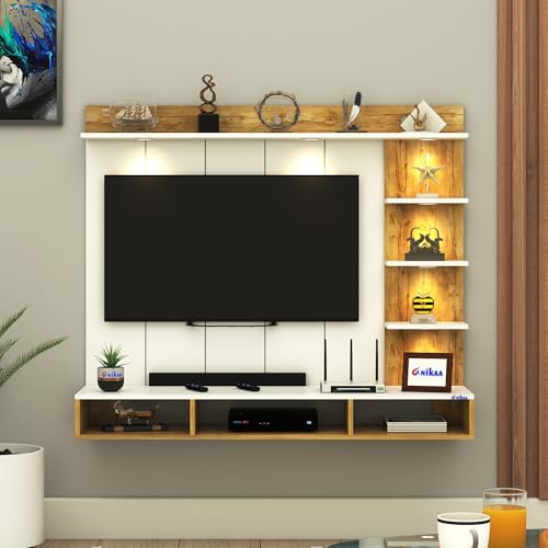Image of Anikaa Tyron Engineered Wood Wall-Mount TV Unit with PVC Back Panel & LED Lights | TV Cabinet with Storage Box & Decorative Shelves (Gaintwood /White) | Ideal for TVs up to 55 Inch | DIY Installation