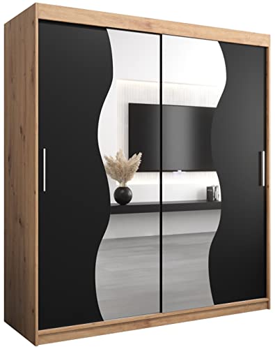 KRYSPOL Schwebetürenschrank Madryt 180 cm mit Spiegel Kleiderschrank mit Kleiderstange und Einlegeboden Schlafzimmer- Wohnzimmerschrank Schiebetüren Modern Design (Artisan Eiche + Schwarz)