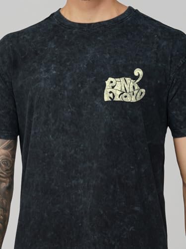 Image of crazymonk Men's Cotton Printed Pink Floyd Acid Wash Oversized Black T-Shirt