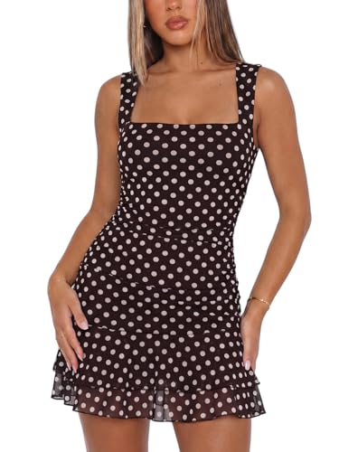 UNCOOYEE Womens Sexy Square Neck Ruched Mesh Bodycon Dress Tiered Ruffle Hem Summer/Spring Sleeveless Cocktail Club Party Short Mini Dresses Coffee Polka Dot Small