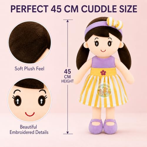 Image of Cute Doll 45 cm for Kids, Soft Plush Doll with Stylish Dress, Huggable Stuffed Toy for Girls and Boys, Birthday Gift, Room Decor, Pretend Play & Purple Soft Toy