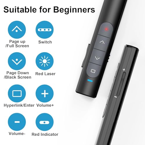 elzle Präsentations-Fernbedienung, Wireless Presenter Clicker, 2.4GHz PowerPoint Fernbedienung mit USB-Empfänger, Hyperlink & Lautstärkesteuerung für Mac, PC, Laptop