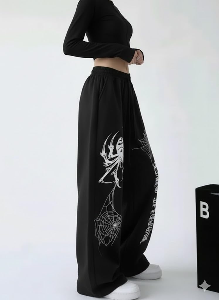 Realglimpse Women High Waist Printed Straight Loose Trouser to Comfortable & Soft Pants for Gym, Home,Office. Black 1