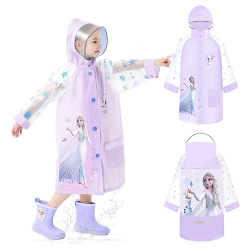 Image of PALAY Rain Coat for Kids Frozen Poncho Raincoat for Kids Girls Boys With Pockets Wide Brim Hooded Poncho Safe School Bag Rain Cover Frozen Elsa print