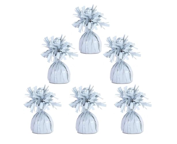 Pack of 6, 12 & 24 Heavy Balloon Weights (5cm x 13cm / Helium Latex Balloon Weight Fountain Table Floor Tassle Cone Birthday Party Accessory with Ribbon Roll (White, 6 qty)