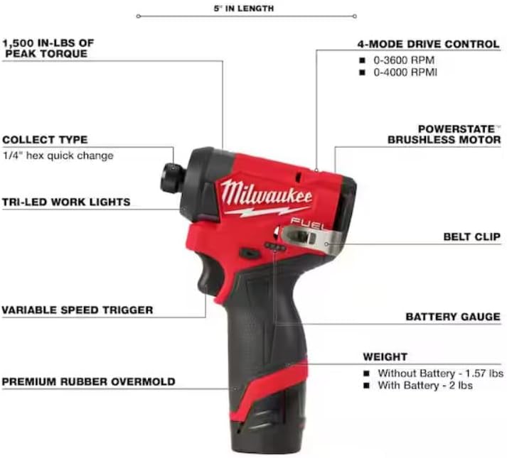 Milwaukee Electric - M12 Fuel. 1/4 HEX Impact Driver KIT W/ 3/8 HIGH