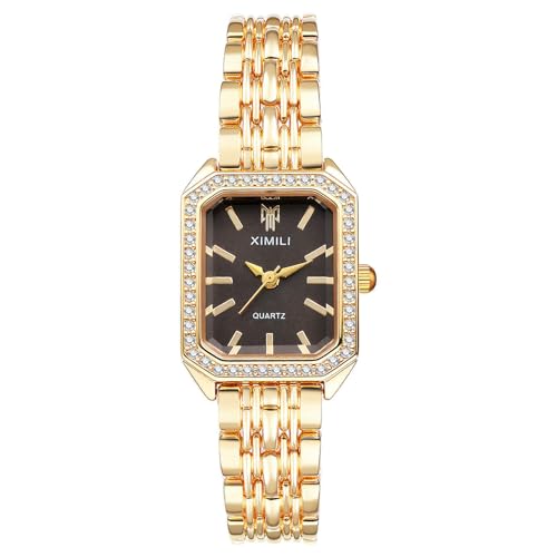 JewelryWe Montre Femme Rectangulaire Élégante: Montre à Quartz Métal Doré avec Strass Brillants Bracelet Réglable Cadran Minimaliste Style Chic Fantaisie Cadeau Anniversaire ou Fête des Mères