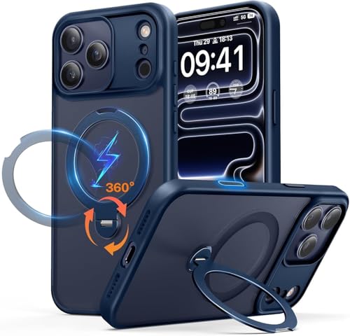 Coque iPhone 17 Pro bleu support magnétique rotatif antichoc