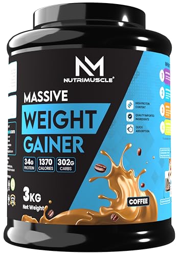 Image of Nutrimuscle Massive Weight Gainer 3Kg | Coffee Flavour High-Calorie Mass Gainer | Complex Carbs + Protein Blend for Weight Gain, Muscle Growth & Strength Training | Men & Women