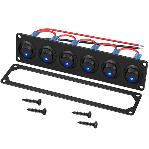 RVBOATPAT 6 Gang Rocker Switch Panel 12V Round Toggle Switch Panel 3 Pin Blue LED Lighted 12 Volt DC 20A SPST On-Off Switch for Marine Boat Car UTV Truck RV